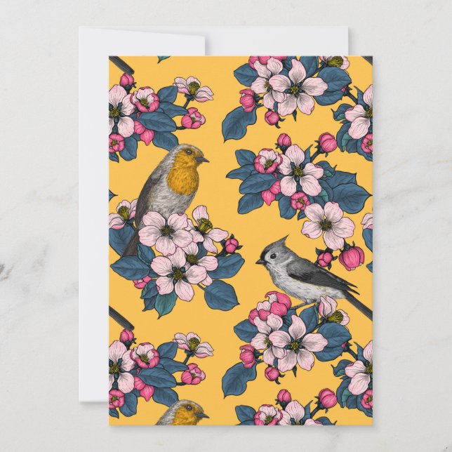 Carte Oiseaux et fleurs sur le jaune (Devant)
