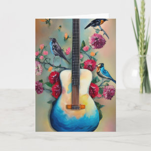 Carte Oiseaux, fleurs et guitare