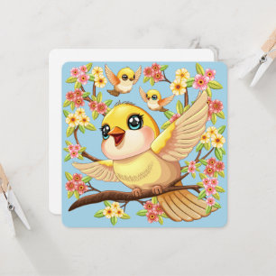 Carte Oiseaux mignons et heureux parmi les fleurs du pri