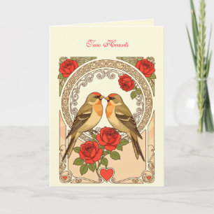 Carte Oiseaux stylisés et roses rouges Art nouveau