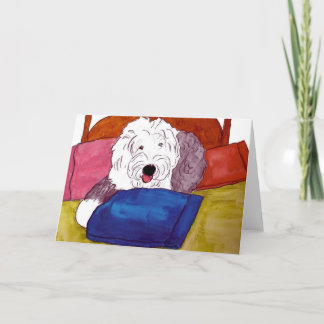 Carte Old English Sheepdog sur le lit