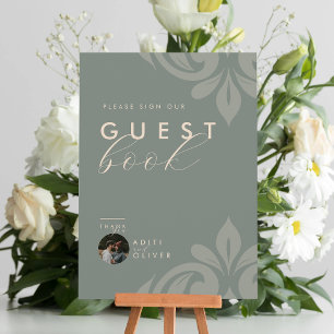 Carte Olive Earthy Elegant Damask Photo Livre d'or Signe