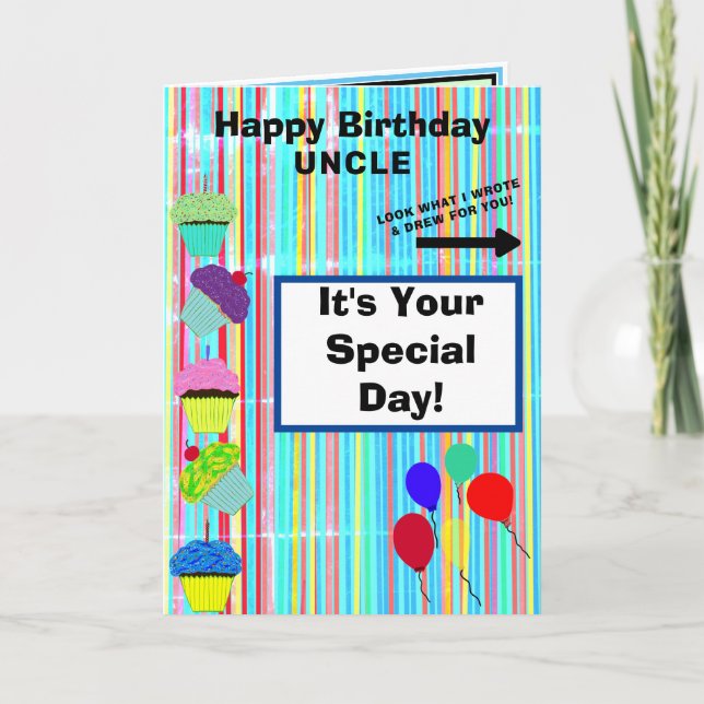 Carte Oncle Anniversaire Ballons Cupcakes Stripes NOM (Devant)