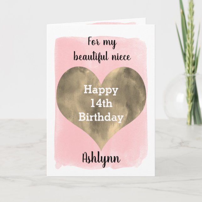Carte Or et rose nièce 14e anniversaire (Devant)