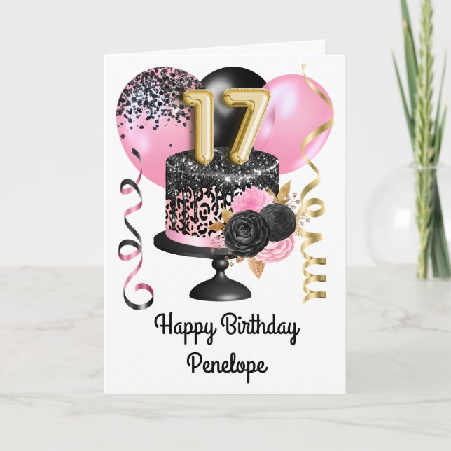 Carte Or rose et noir 17e anniversaire (Devant)