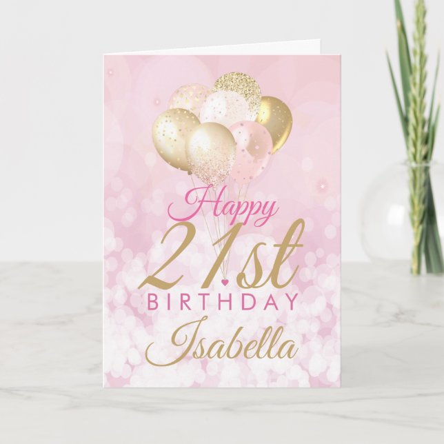 Carte Or rose rose glamour 21e ballon d'anniversaire (Devant)