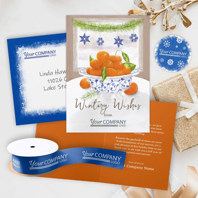 Carte Orange, Blue Winter Christmas Oranges Company Logo (winter Christmas oranges, orange and blue company holiday greeting cards, business logo Christmas)