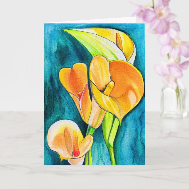 Carte Orange Calla fleurs de laine aquarelle art (Orchidée)