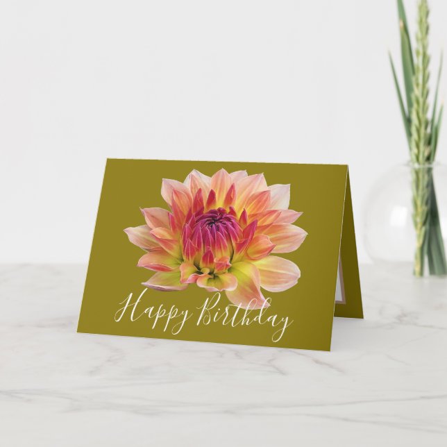 Carte Orange Rouge Dahlia Fleur Vert Arrière - plan Anni (Devant)