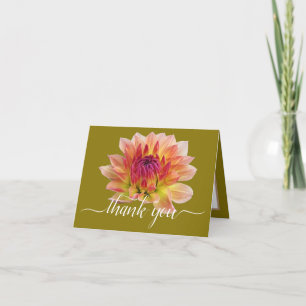 Carte Orange Rouge Dahlia Fleur vert fond Merci