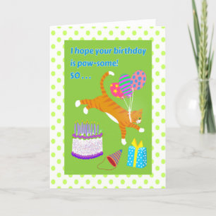 Carte Orange Tabby Cat saute au-dessus du gâteau d'anniv