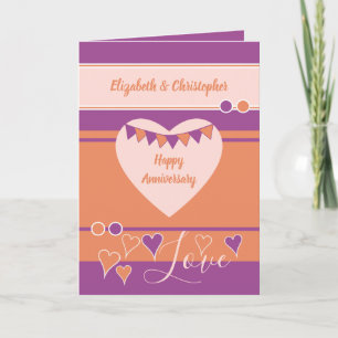 Carte Orange violet avec les coeurs et l'anniversaire de