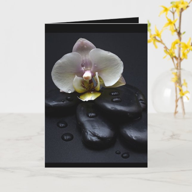 Carte Orchidée Blanche Sur Pierres Noires (Fleur jaune)
