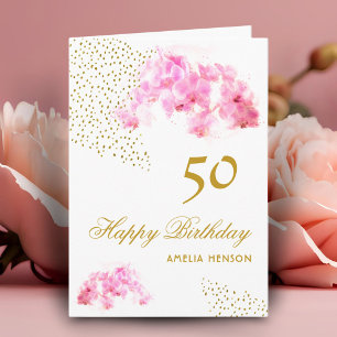 Carte Orchidée Rose Aquarelle Paillettes Dorées 50e Anni