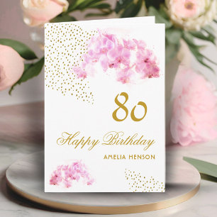 Carte Orchidée Rose Aquarelle Paillettes Or 80e Annivers