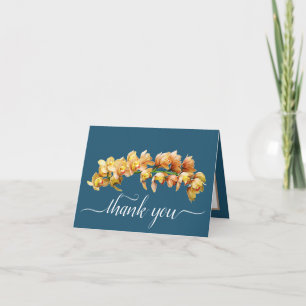 Carte Orchidées jaunes oranges Merci Arrière - plan cyan
