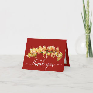 Carte Orchidées orange jaune Merci Arrière - plan rouge