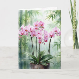 Carte Orchidées roses d'anniversaire sur bambou vert