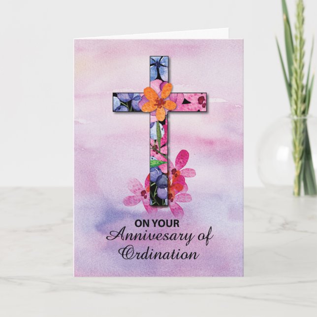 Carte Ordination du prêtre Fleurs de Croix Anniversaire (Devant)