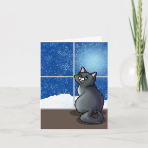 Carte Oreiller décoratif chat gris fenêtre enneigée