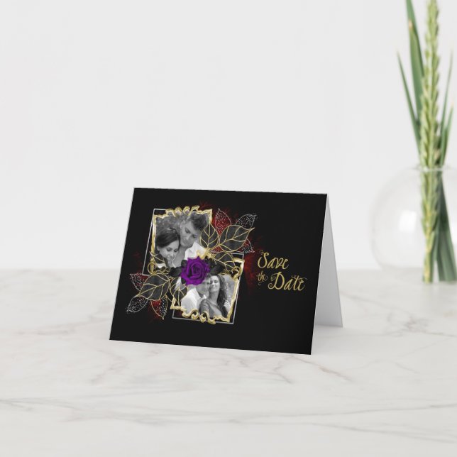 Carte Ornate Elegant Photo Enregistrer la date Purple Ro (Devant)