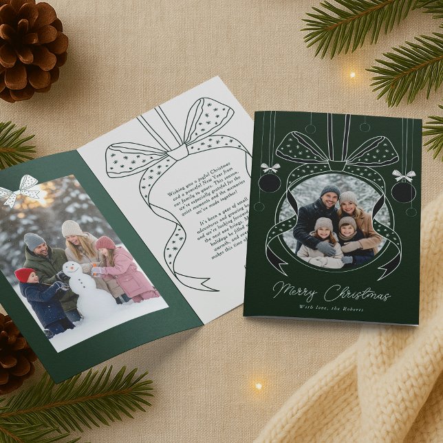 Carte Ornement de Noël unique Bow en ruban deux photos (elegant whimsical bows and Christmas ornament photo holiday greeting cards in green & white)