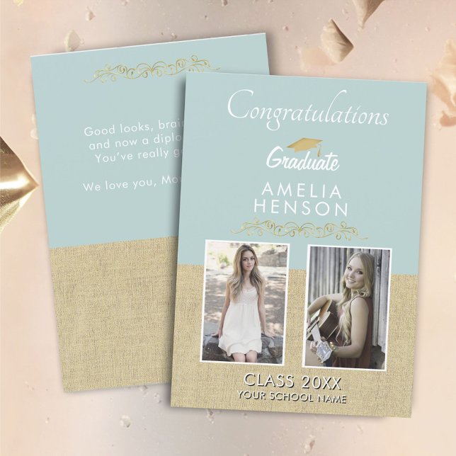 Carte Ornement d'or rustique Diplôme 2 Photo Graduate (Créateur téléchargé)