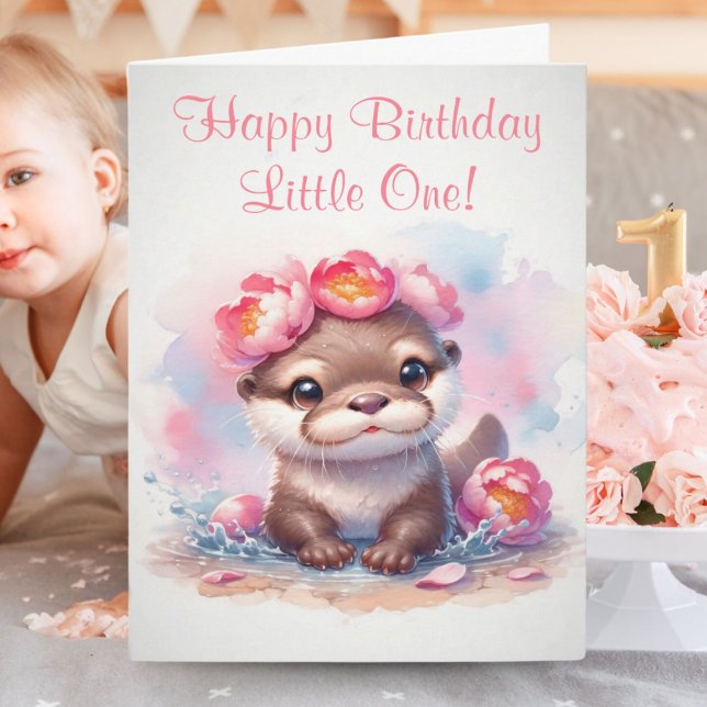 Carte Otter Aquarelle Avec Peonies Anniversaire (Adorable Otter wearing peonies on her head wishing someone a special Happy Birthday.)