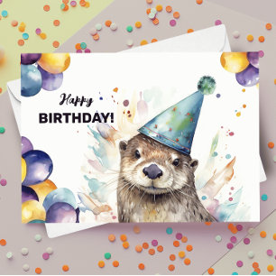 Carte Otter avec ballons et Casquette de fête Joyeux ann