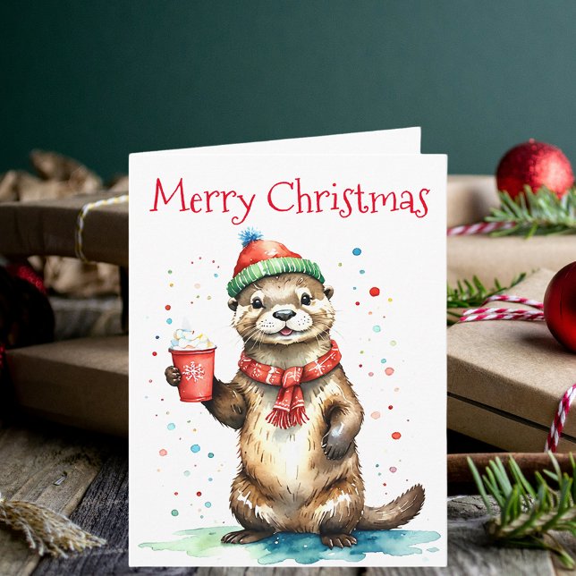 Carte Otter de Noël Whimsical avec Casquette Festif (Créateur téléchargé)