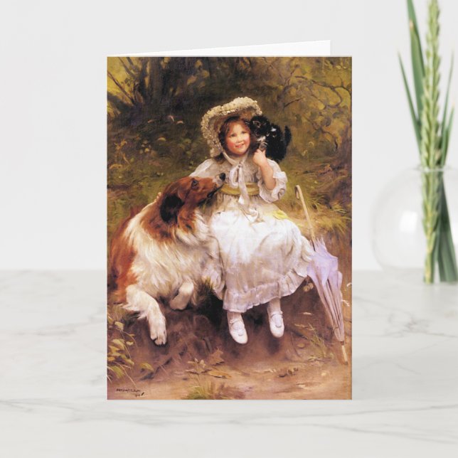 Carte ou Invite : Pet Collie dog, Girl and Cat (Devant)