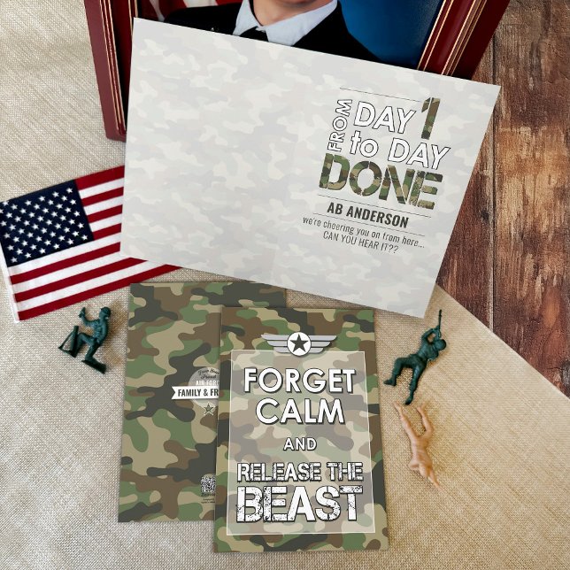 Carte Oubliez Calme Drôle Militaire Camouflage BMT Forma (Funny Military Camo basic training boot camp encouragement card, forget calm release the beast)