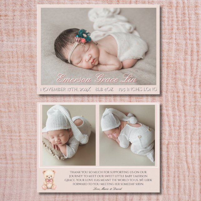 Carte Our Little Bear Pink 3 Photo Birth Announcement  (Créateur téléchargé)