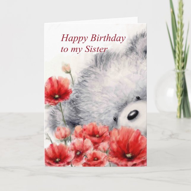 Carte Ours aux fleurs rouges, Bonne Soeur d'anniversaire (Devant)