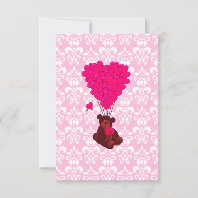 Carte Ours & ballons en forme de cœur sur damas rose (Devant)