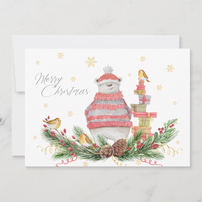 Carte Ours blanc Whimsical avec des verts de vacances et (Devant)