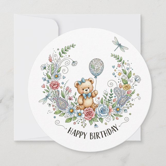 Carte Ours d'anniversaire fleuri Boho (Devant)