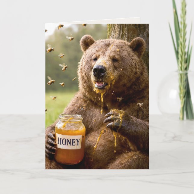 Carte Ours d'anniversaire mangeant du miel dans un pot (Devant)