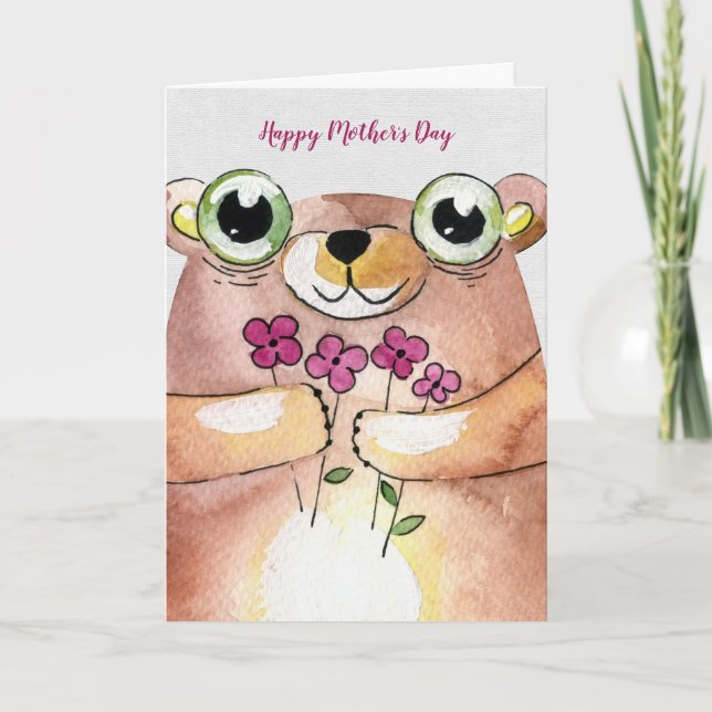 Carte Ours d'aquarelle de la Fête des Mères avec bouquet (Devant)