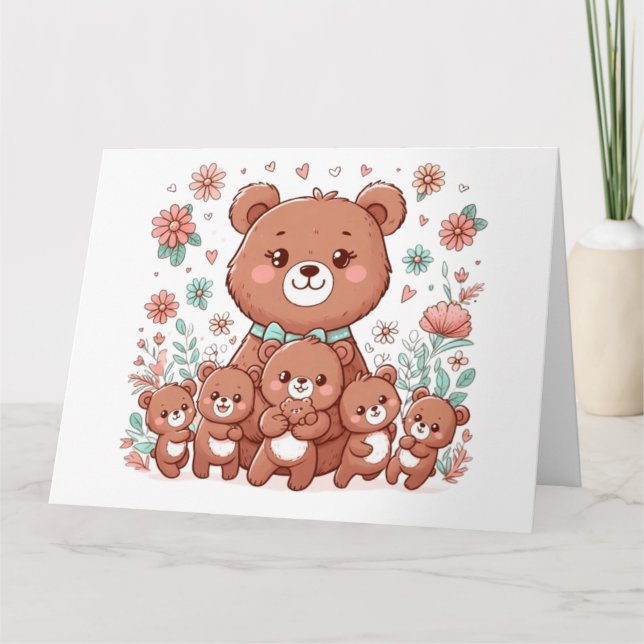 Carte Ours de maman adorable avec cinq petits (Devant)