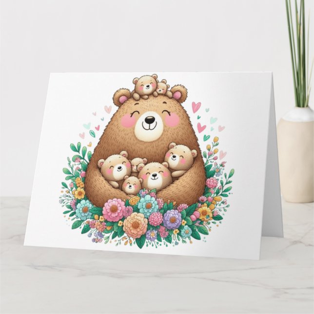 Carte Ours de maman adorable avec sept petits (Devant)