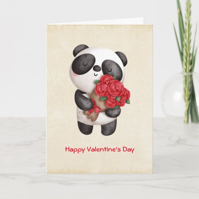 Carte Ours de Panda mignonne avec Bouquet de Rose Valent (Devant)
