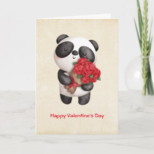 Carte Ours de Panda mignonne avec Bouquet de Rose Valent