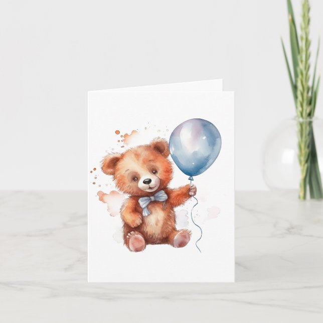 Carte Ours en ballon bleu aquarelle (Devant)
