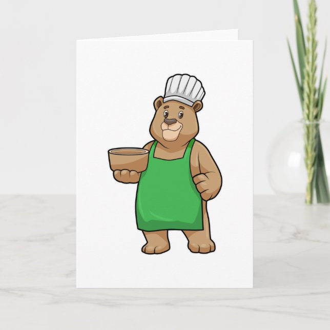 Carte Ours en cuisinier avec tablier de cuisine et bol e (Devant)