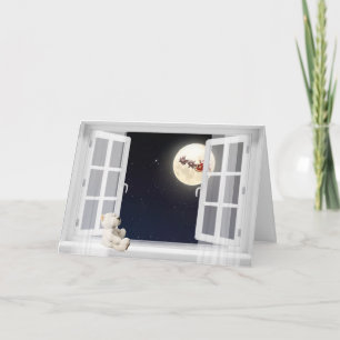 Carte ours en peluche à la fenêtre avec lune de Noël