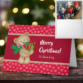 Carte Ours en peluche de Noël et photo de famille, rouge