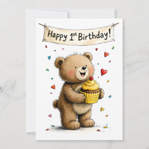 Carte Ours en peluche fantaisiste mignon Joyeux 1er anni