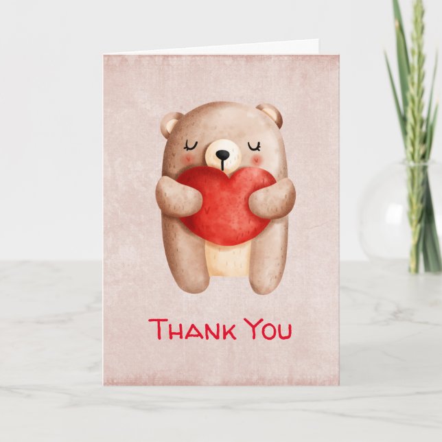 Carte Ours en peluche mignon portant un Merci du coeur r (Devant)