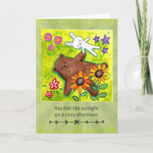 Carte Ours et lapin couple heureux allongés sur l'herbe